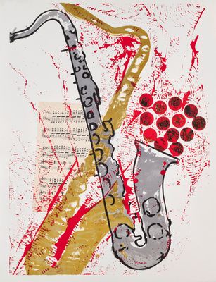 a drawing of a saxophone and a vase with flowers on it