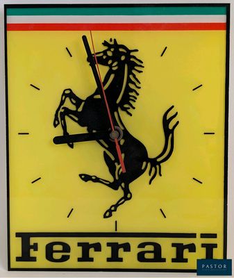yellow clock with a black horse on the front of it