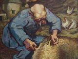 tableau représentant un homme avec un mouton dans un champ, entouré d'oiseaux en vol