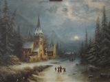 a painting of a church in the middle of a snowy landscape