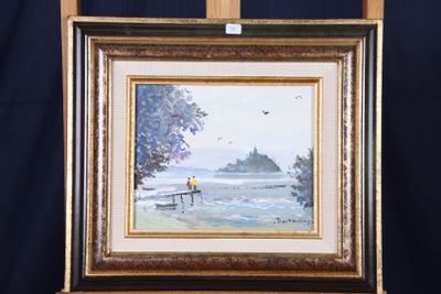 une peinture à l'huile représentant un homme assis sur un banc au bord de l'eau