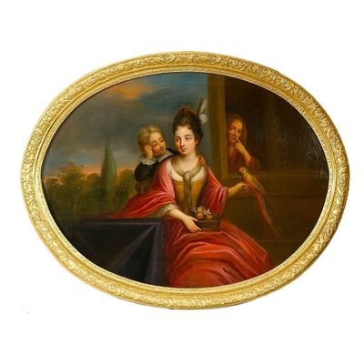 tableau représentant une femme tenant un oiseau et un homme avec un oiseau sur l'épaule