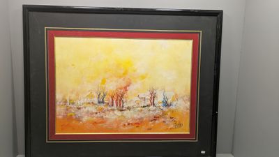 l'image d'un tableau représentant un paysage avec des arbres en arrière-plan