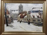 une image représentant un tableau d'une rue enneigée avec une église en arrière-plan
