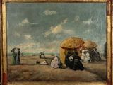 tableau représentant un groupe de personnes assises sur une plage sous un parasol