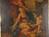 un vieux tableau représentant une femme et un enfant dans un décor boisé