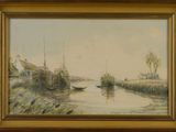 an oil painting of boats on a river with a village in the background