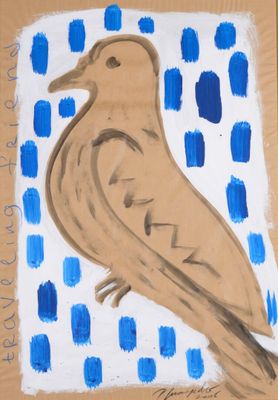 a drawing of a bird sitting on a piece of cardboard