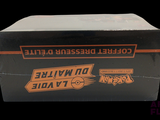 a black box with a yellow and orange logo on it