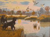 un tableau représentant un chien debout dans l'herbe