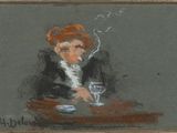 an image of a painting of a man sitting at a table with a cigarette in his mouth