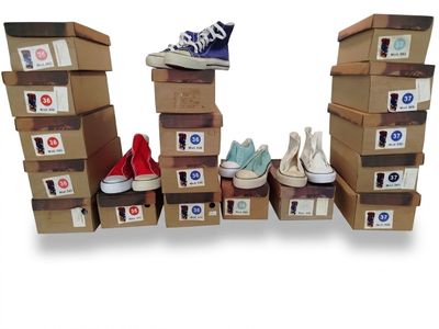 une pile de cartons sur lesquels sont posées des chaussures