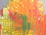 une peinture représentant une fleur jaune sur un fond rouge et jaune