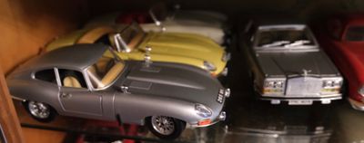 Plusieurs petites voitures sont exposées dans une vitrine.