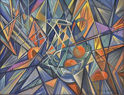 abstract painting of a vase with oranges and a pitcher on a table