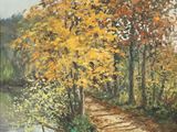 une peinture à l'huile représentant un sentier dans les bois au bord d'une rivière