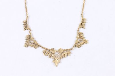 a close up of a gold necklace on a white background