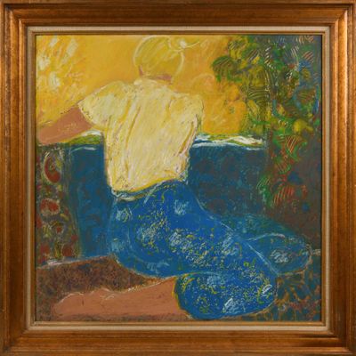 an oil painting of a man sitting on a couch with his back to the camera