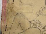 a drawing of a woman laying on a bed