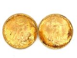 two gold sovereigns, one of which has been cleaned and the other of which has been cleaned