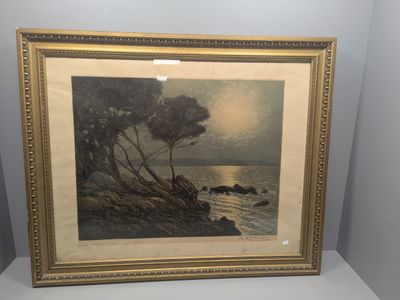 une photo d'un tableau représentant une scène de plage avec des arbres