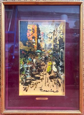 framed painting of a street scene with people walking down the street