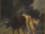 tableau représentant deux vaches et un homme dans un champ, avec des arbres en arrière-plan