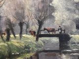 a painting of cows standing on a bridge over a stream