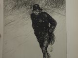 drawing of a man walking in the rain with a hat on