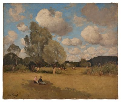 tableau représentant un homme assis dans un champ, avec des vaches en arrière-plan