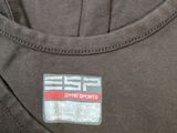 the back of a brown shirt with a red and white logo on it