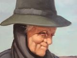 painting of an old man in a hat and a black coat sitting in a boat