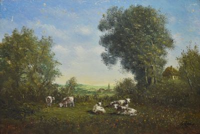 un tableau représentant des vaches dans un champ, avec des arbres en arrière-plan