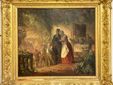 un tableau représentant un homme et une femme debout dans un jardin
