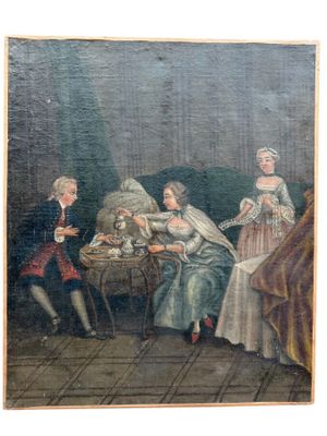 une vieille peinture représentant un groupe de personnes assises autour d'une table