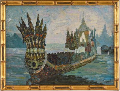 une peinture à l'huile représentant un bateau sur l'eau, avec un château en arrière-plan