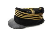 black hat with gold stripes and a leather brimle