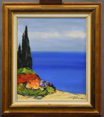 an oil painting of a hill with a tree and ocean in the background