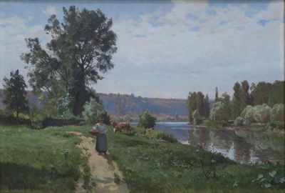 un tableau représentant une femme marchant sur un sentier au bord d'une rivière