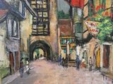 painting of a street scene with a clock tower in the background
