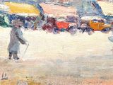 a painting of a woman walking down the street with an umbrella