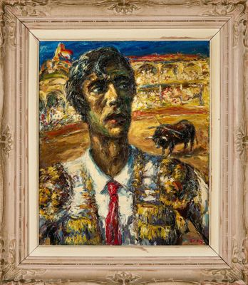 an oil painting of a man in a suit and tie with a bird on his shoulder