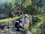 un tableau représentant une femme assise sur un mur de pierre