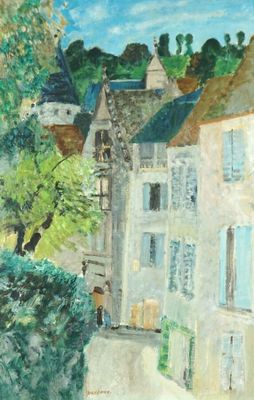 tableau représentant une vue d'une rue dans une petite ville