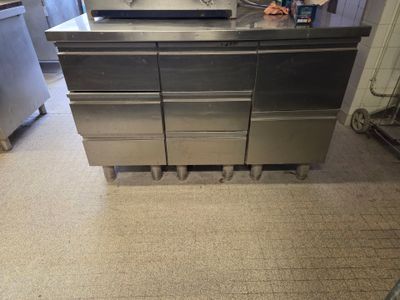 a stainless steel counter in a commercial kitchen