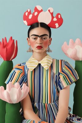 une femme en robe colorée, assise devant un cactus en fleurs