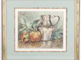 an image of a painting of an apple and a silver pitcher on a table