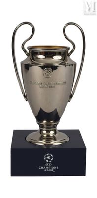 Le trophée en argent repose sur un socle noir, sur fond blanc.