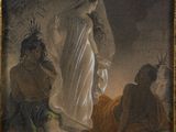 un vieux tableau représentant une femme en robe blanche debout à côté de deux hommes