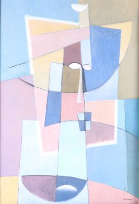 peinture abstraite représentant le visage d'un homme, dans un cadre bleu, rose, jaune et bleu